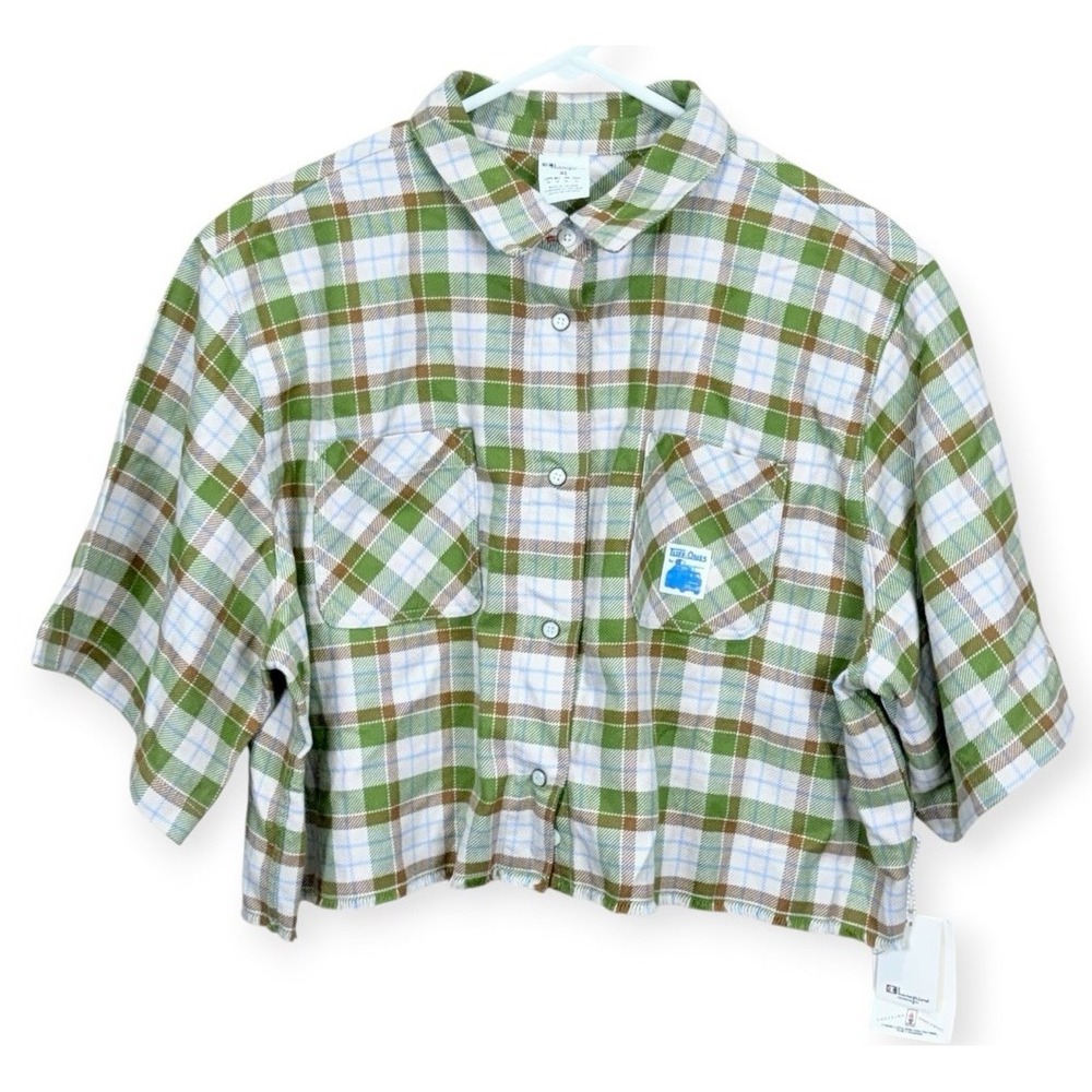 Champion Cropped Flannel Station Shirt Womens XL  Plaid Button-Up Collared